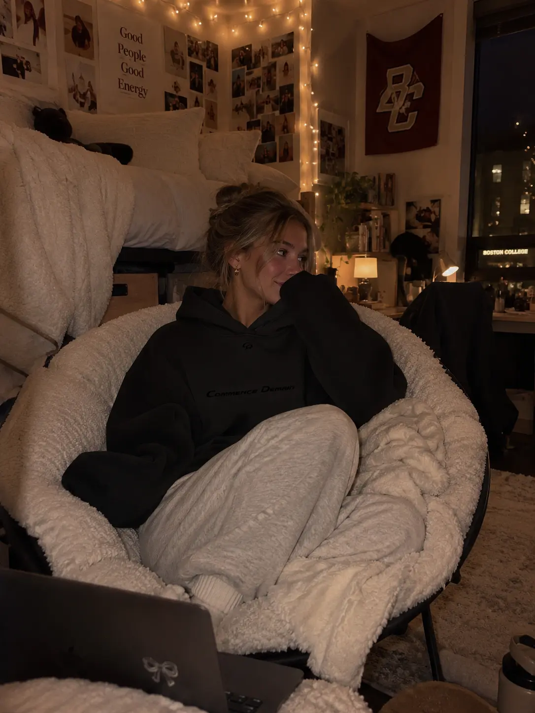 Commence Demain hoodie worn at home — dorm room lifestyle