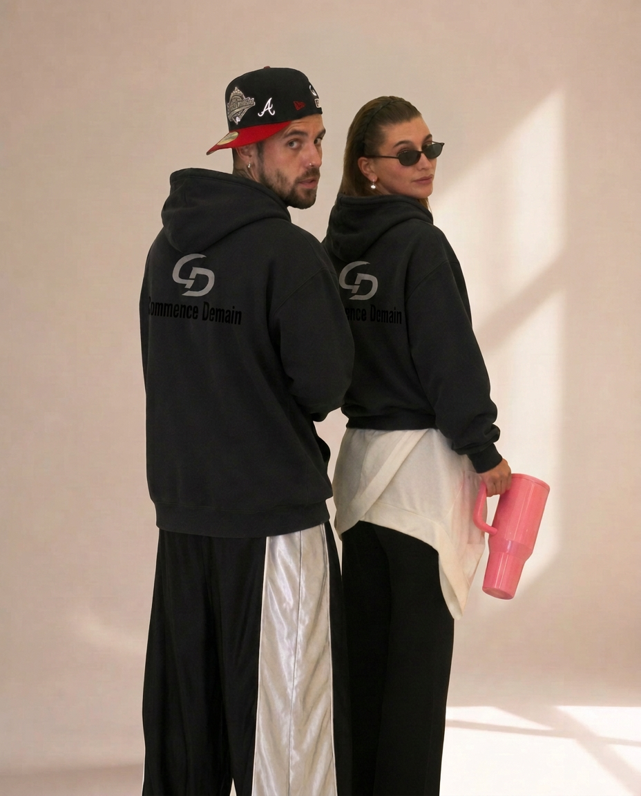 Couple wearing matching Commence Demain back-print hoodies